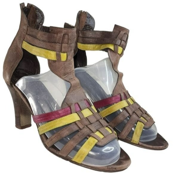 Vintage Style Brown Real Leather Peep Toe Block Heel Strappy Gladiator Sandals - Picture 7 of 16